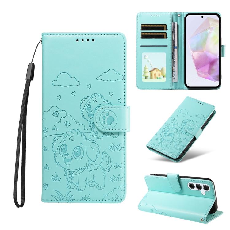 Portafoglio in pelle con protezione RFID e ciondolo a forma di cuore in rilievo con cane., For Galaxy A55 5G, For Galaxy A35 5G, For Galaxy A05, For Galaxy A05s