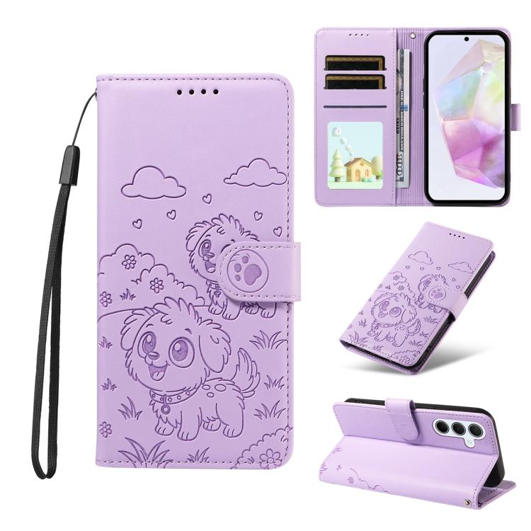 Portafoglio in pelle con protezione RFID e ciondolo a forma di cuore in rilievo con cane., For Galaxy A55 5G, For Galaxy A35 5G, For Galaxy A05, For Galaxy A05s