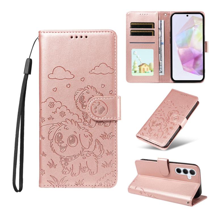 Portafoglio in pelle con protezione RFID e ciondolo a forma di cuore in rilievo con cane., For Galaxy A55 5G, For Galaxy A35 5G, For Galaxy A05, For Galaxy A05s