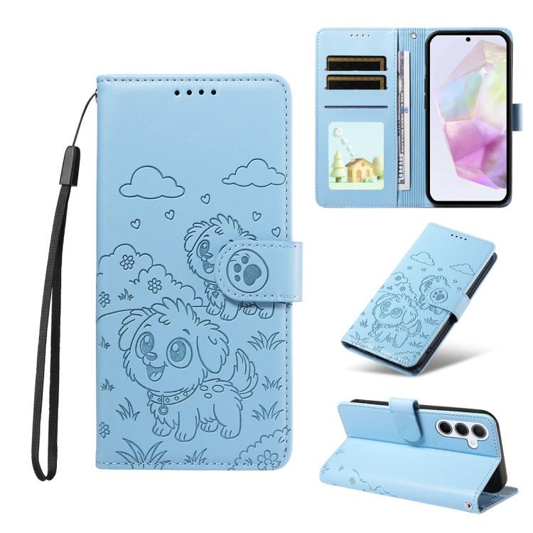 Portafoglio in pelle con protezione RFID e ciondolo a forma di cuore in rilievo con cane., For Galaxy A55 5G, For Galaxy A35 5G, For Galaxy A05, For Galaxy A05s