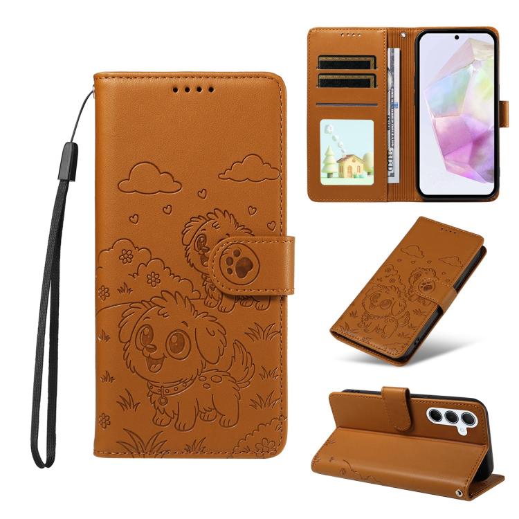 Portafoglio in pelle con protezione RFID e ciondolo a forma di cuore in rilievo con cane., For Galaxy A55 5G, For Galaxy A35 5G, For Galaxy A05, For Galaxy A05s