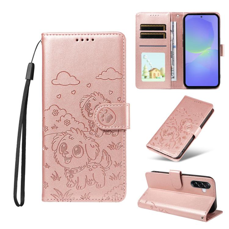 Portafoglio in pelle con protezione RFID e ciondolo a forma di cuore in rilievo con cane., For Galaxy A06 / A07, For Galaxy A56 5G, For Galaxy A36 5G, For Galaxy A15 4G / 5G