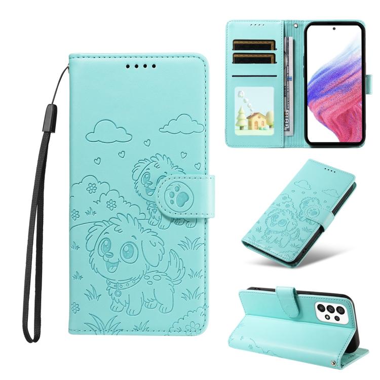Portafoglio in pelle con protezione RFID e ciondolo a forma di cuore in rilievo con cane., For Galaxy A53 5G, For Galaxy A73 5G, For Galaxy A33 5G