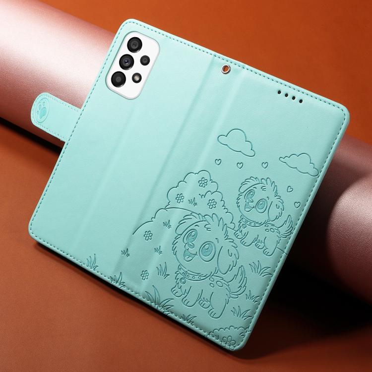 Portafoglio in pelle con protezione RFID e ciondolo a forma di cuore in rilievo con cane., For Galaxy A53 5G, For Galaxy A73 5G, For Galaxy A33 5G