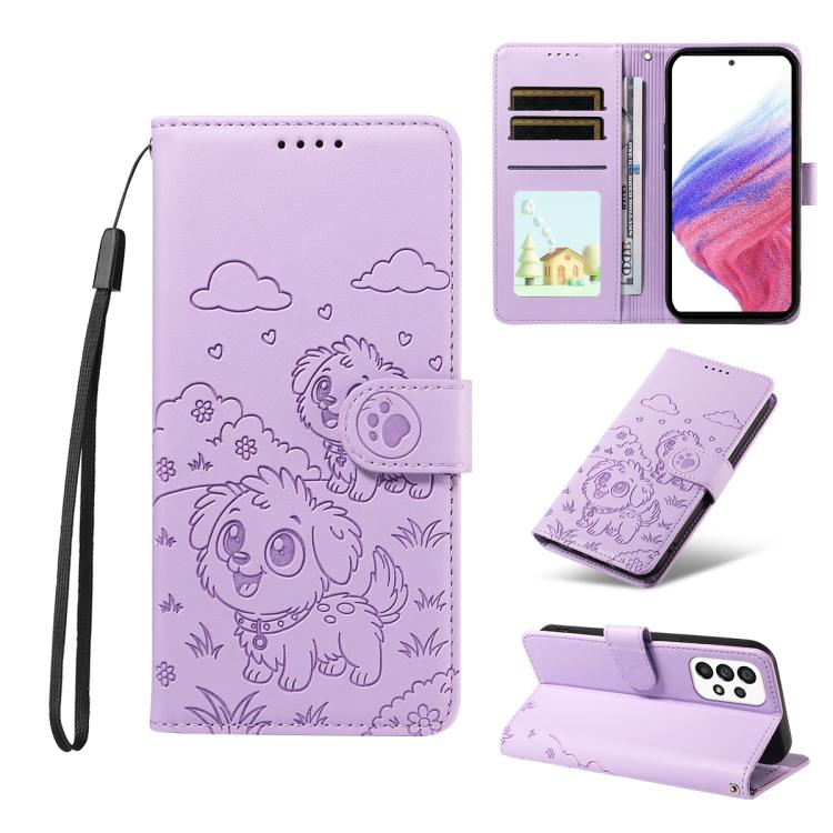Portafoglio in pelle con protezione RFID e ciondolo a forma di cuore in rilievo con cane., For Galaxy A53 5G, For Galaxy A73 5G, For Galaxy A33 5G