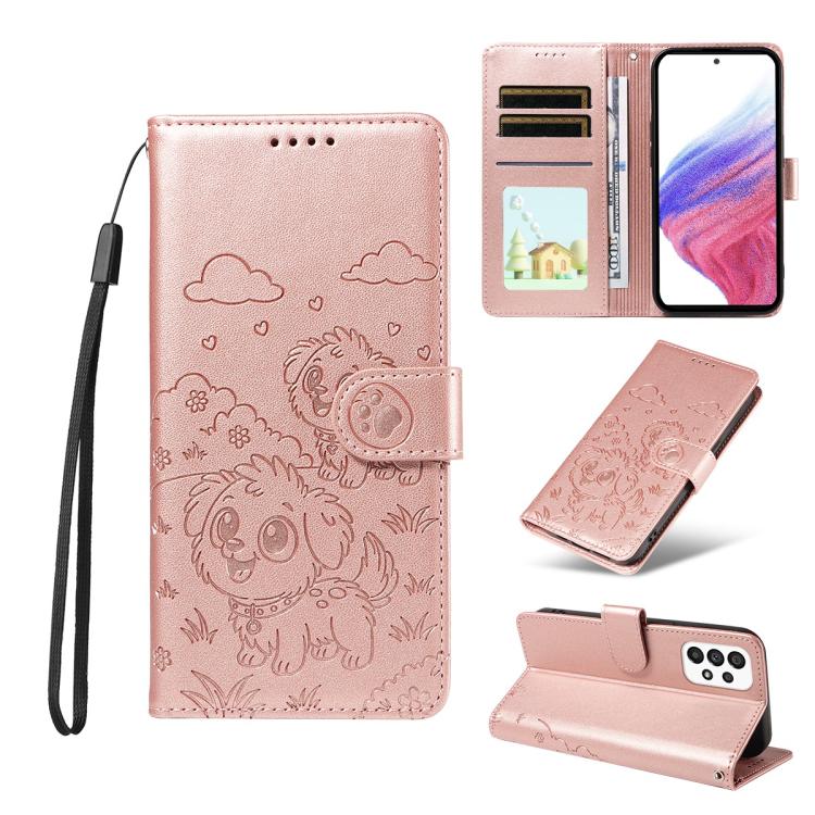 Portafoglio in pelle con protezione RFID e ciondolo a forma di cuore in rilievo con cane., For Galaxy A53 5G, For Galaxy A73 5G, For Galaxy A33 5G