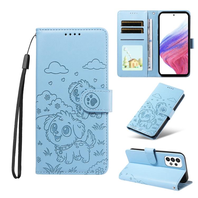 Portafoglio in pelle con protezione RFID e ciondolo a forma di cuore in rilievo con cane., For Galaxy A53 5G, For Galaxy A73 5G, For Galaxy A33 5G