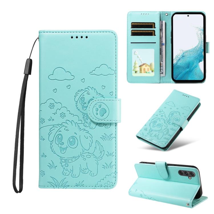 Portafoglio in pelle con protezione RFID e ciondolo a forma di cuore in rilievo con cane., For Galaxy A14 4G / 5G, For Galaxy A34 5G, For Galaxy A54 5G, For Galaxy A13 4G / 5G
