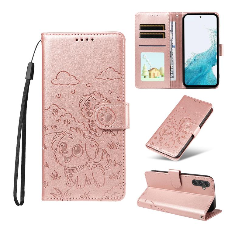 Portafoglio in pelle con protezione RFID e ciondolo a forma di cuore in rilievo con cane., For Galaxy A14 4G / 5G, For Galaxy A34 5G, For Galaxy A54 5G, For Galaxy A13 4G / 5G