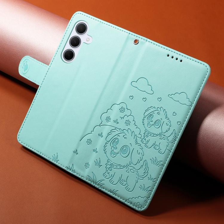 Portafoglio in pelle con protezione RFID e ciondolo a forma di cuore in rilievo con cane., For Galaxy A55 5G, For Galaxy A35 5G, For Galaxy A05, For Galaxy A05s