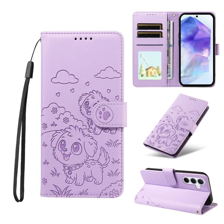 Portafoglio in pelle con protezione RFID e ciondolo a forma di cuore in rilievo con cane., For Galaxy A55 5G, For Galaxy A35 5G, For Galaxy A05, For Galaxy A05s