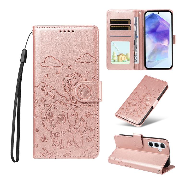 Portafoglio in pelle con protezione RFID e ciondolo a forma di cuore in rilievo con cane., For Galaxy A55 5G, For Galaxy A35 5G, For Galaxy A05, For Galaxy A05s