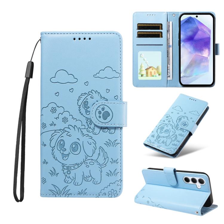 Portafoglio in pelle con protezione RFID e ciondolo a forma di cuore in rilievo con cane., For Galaxy A55 5G, For Galaxy A35 5G, For Galaxy A05, For Galaxy A05s