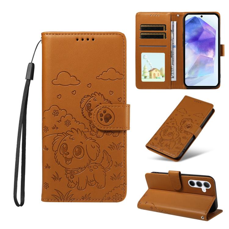 Portafoglio in pelle con protezione RFID e ciondolo a forma di cuore in rilievo con cane., For Galaxy A55 5G, For Galaxy A35 5G, For Galaxy A05, For Galaxy A05s
