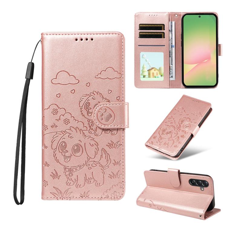 Portafoglio in pelle con protezione RFID e ciondolo a forma di cuore in rilievo con cane., For Galaxy A06 / A07, For Galaxy A56 5G, For Galaxy A36 5G, For Galaxy A15 4G / 5G