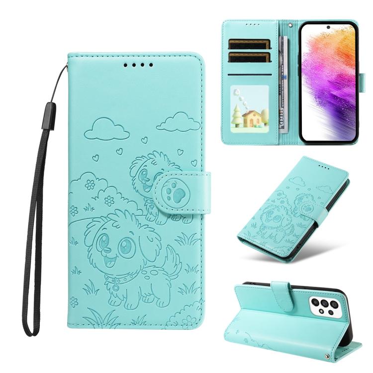 Portafoglio in pelle con protezione RFID e ciondolo a forma di cuore in rilievo con cane., For Galaxy A53 5G, For Galaxy A73 5G, For Galaxy A33 5G
