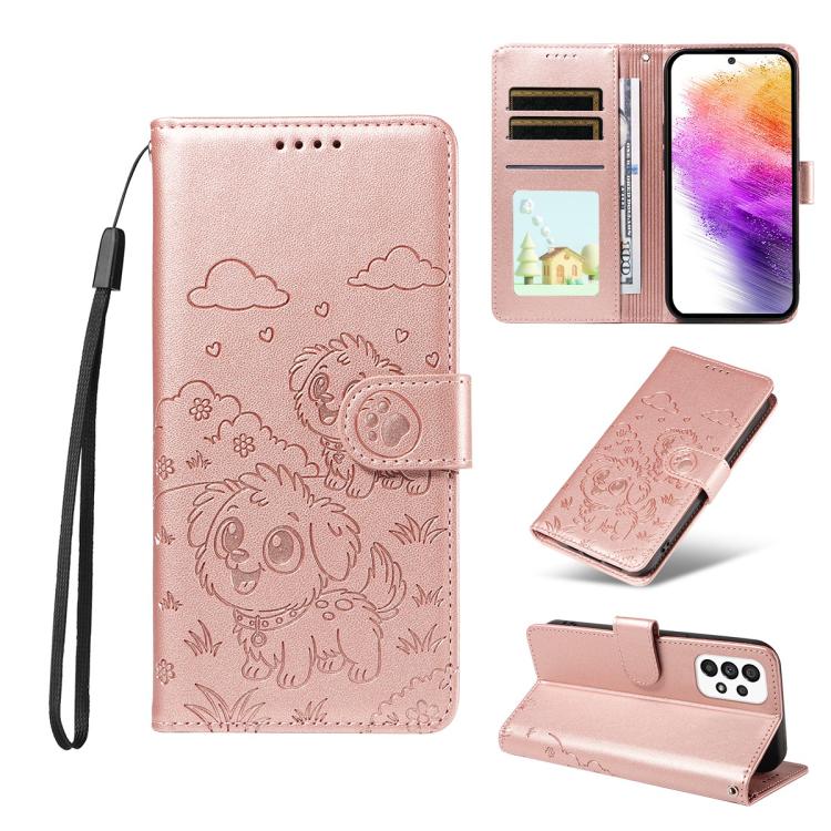 Portafoglio in pelle con protezione RFID e ciondolo a forma di cuore in rilievo con cane., For Galaxy A53 5G, For Galaxy A73 5G, For Galaxy A33 5G