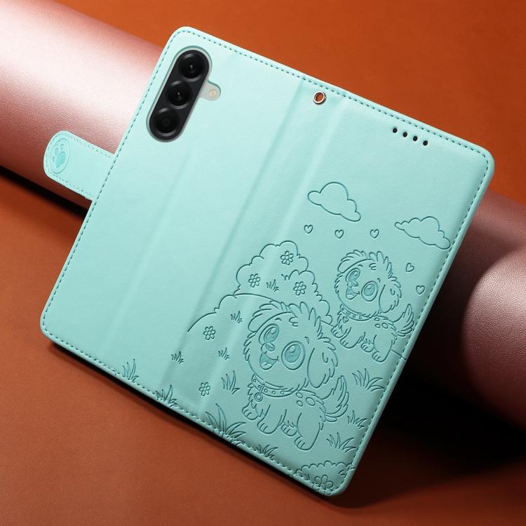 Portafoglio in pelle con protezione RFID e ciondolo a forma di cuore in rilievo con cane., For Galaxy A57 5G, For Galaxy A37 5G, For Galaxy A27 5G, For Galaxy A16 / A26 / A17