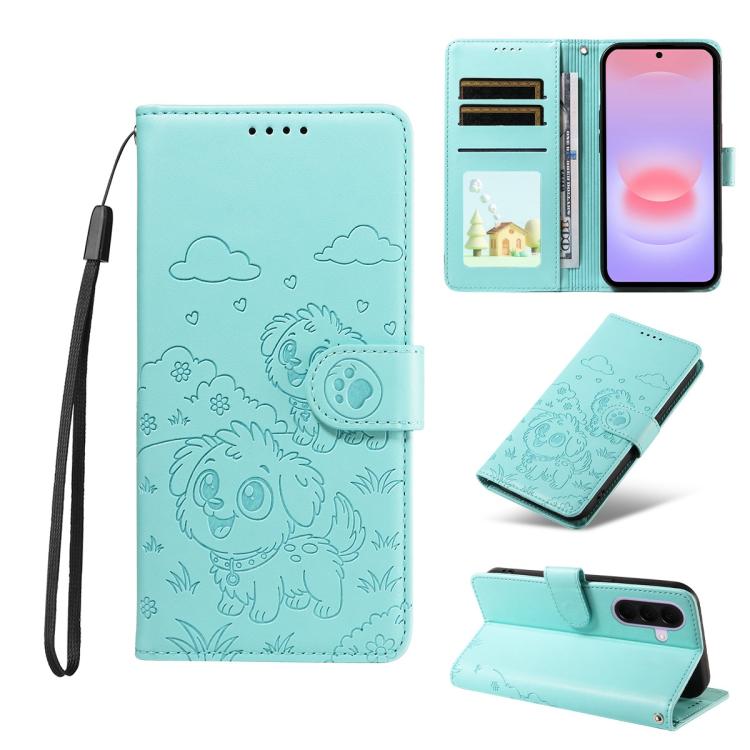 Portafoglio in pelle con protezione RFID e ciondolo a forma di cuore in rilievo con cane., For Galaxy A57 5G, For Galaxy A37 5G, For Galaxy A27 5G, For Galaxy A16 / A26 / A17