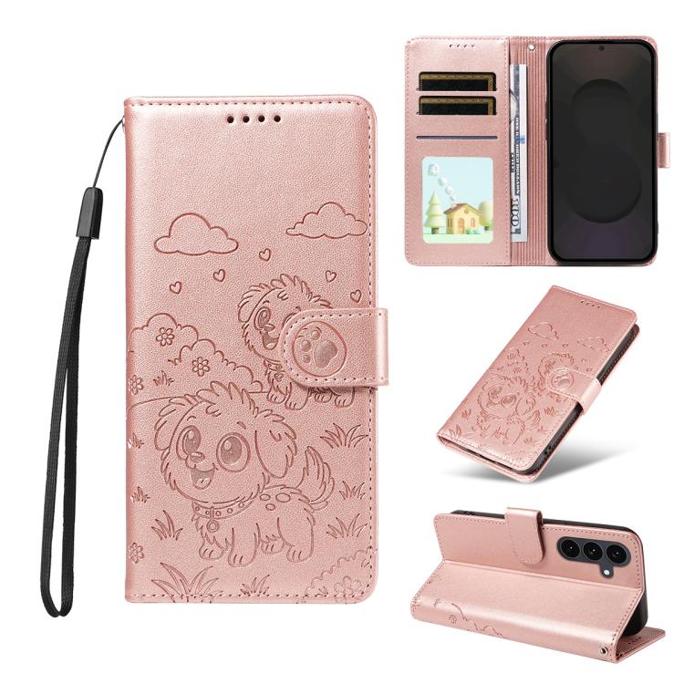 Portafoglio in pelle con protezione RFID e ciondolo a forma di cuore in rilievo con cane., For Galaxy S26 FE 5G, For Galaxy S26+ 5G, For Galaxy S25 FE 5G, For Galaxy S25 Edge 5G