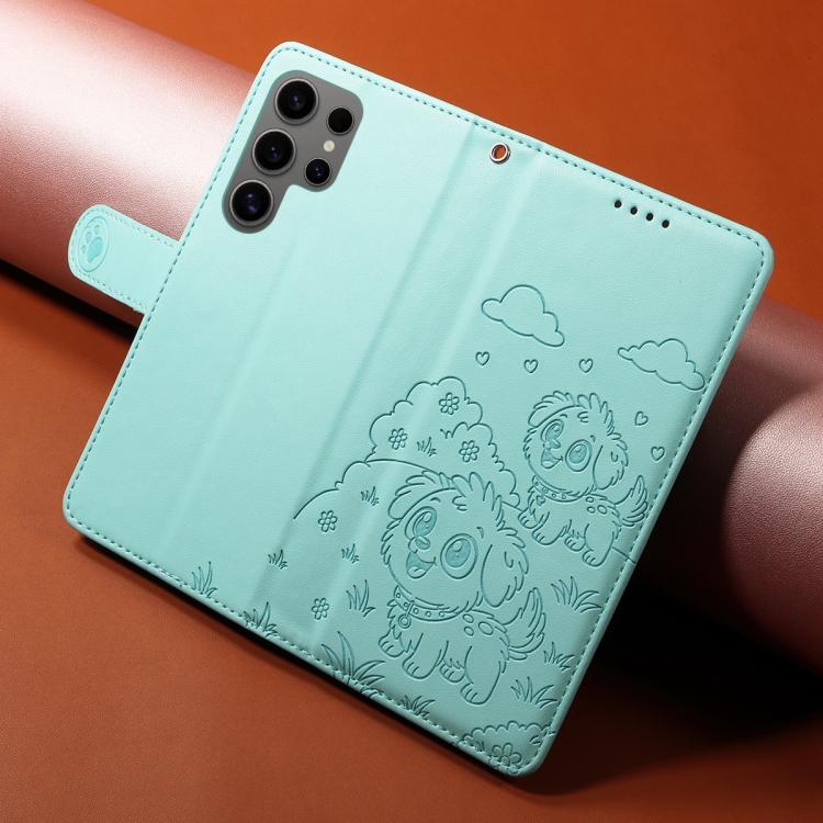 Portafoglio in pelle con protezione RFID e ciondolo a forma di cuore in rilievo con cane., For Galaxy S24 Ultra 5G, For Galaxy S23 FE 5G, For Galaxy S23 Ultra 5G, For Galaxy S23+ 5G