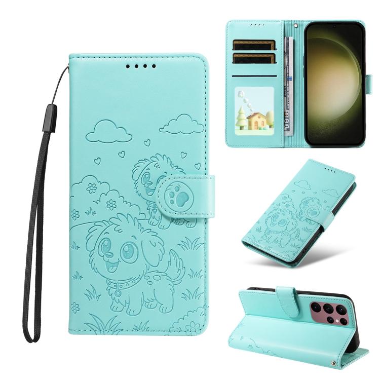 Portafoglio in pelle con protezione RFID e ciondolo a forma di cuore in rilievo con cane., For Galaxy S24 Ultra 5G, For Galaxy S23 FE 5G, For Galaxy S23 Ultra 5G, For Galaxy S23+ 5G