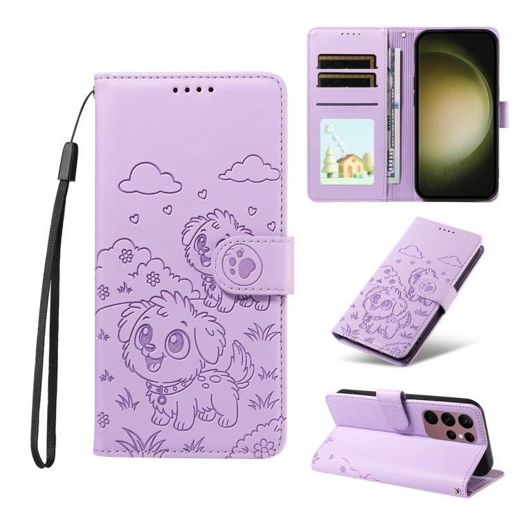 Portafoglio in pelle con protezione RFID e ciondolo a forma di cuore in rilievo con cane., For Galaxy S24 Ultra 5G, For Galaxy S23 FE 5G, For Galaxy S23 Ultra 5G, For Galaxy S23+ 5G