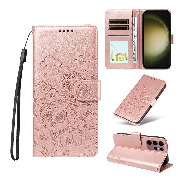 Portafoglio in pelle con protezione RFID e ciondolo a forma di cuore in rilievo con cane., For Galaxy S24 Ultra 5G, For Galaxy S23 FE 5G, For Galaxy S23 Ultra 5G, For Galaxy S23+ 5G