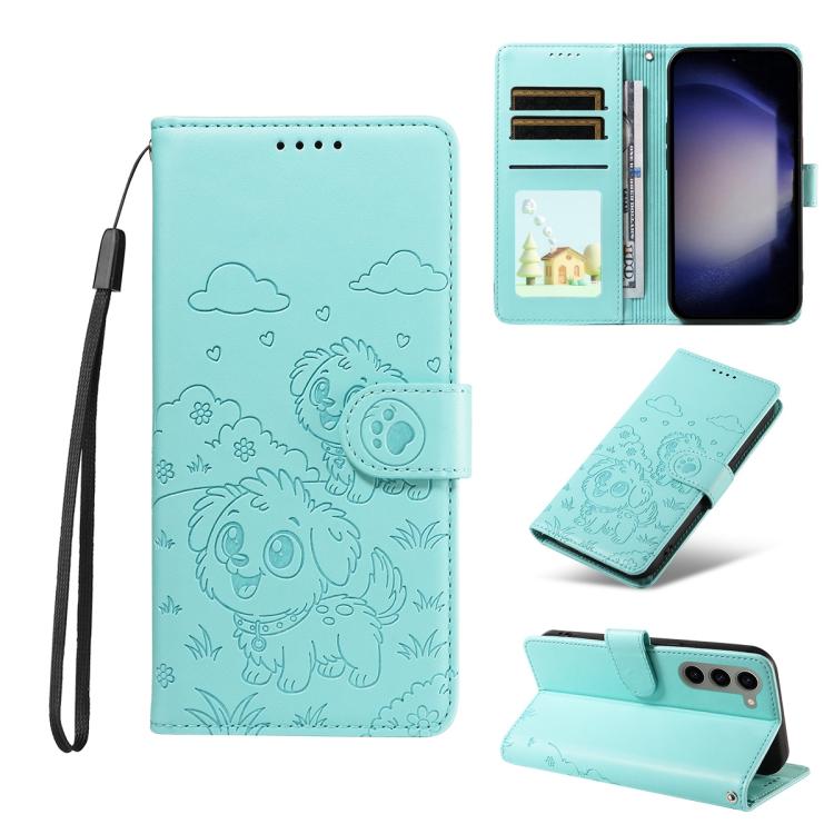 Portafoglio in pelle con protezione RFID e ciondolo a forma di cuore in rilievo con cane., For Galaxy S24 Ultra 5G, For Galaxy S23 FE 5G, For Galaxy S23 Ultra 5G, For Galaxy S23+ 5G