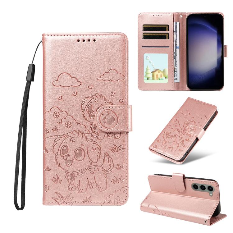 Portafoglio in pelle con protezione RFID e ciondolo a forma di cuore in rilievo con cane., For Galaxy S24 Ultra 5G, For Galaxy S23 FE 5G, For Galaxy S23 Ultra 5G, For Galaxy S23+ 5G