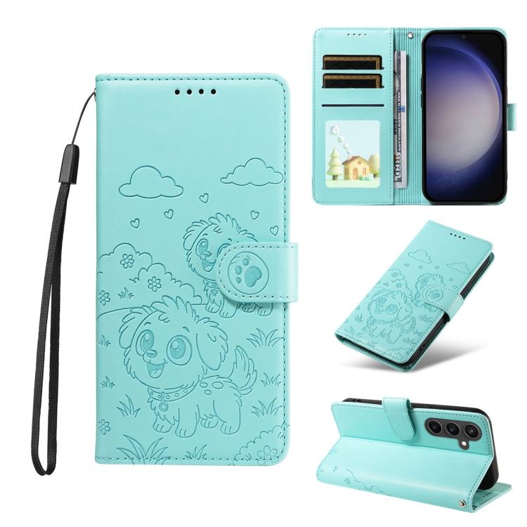 Portafoglio in pelle con protezione RFID e ciondolo a forma di cuore in rilievo con cane., For Galaxy S24 Ultra 5G, For Galaxy S23 FE 5G, For Galaxy S23 Ultra 5G, For Galaxy S23+ 5G