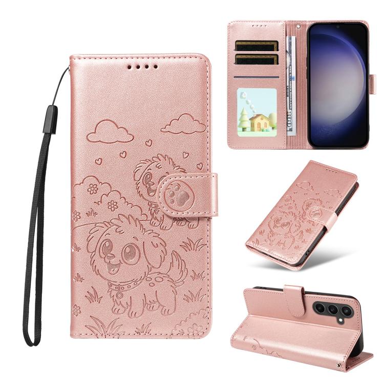 Portafoglio in pelle con protezione RFID e ciondolo a forma di cuore in rilievo con cane., For Galaxy S24 Ultra 5G, For Galaxy S23 FE 5G, For Galaxy S23 Ultra 5G, For Galaxy S23+ 5G