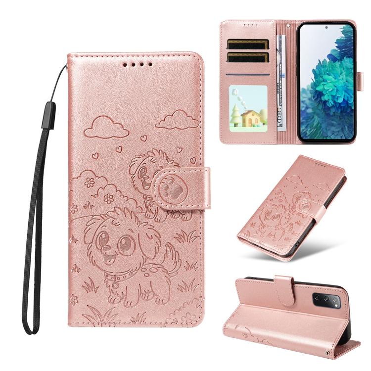 Portafoglio in pelle con protezione RFID e ciondolo a forma di cuore in rilievo con cane., For Galaxy S23 5G, For Galaxy S20 FE, For Galaxy S21 FE 5G
