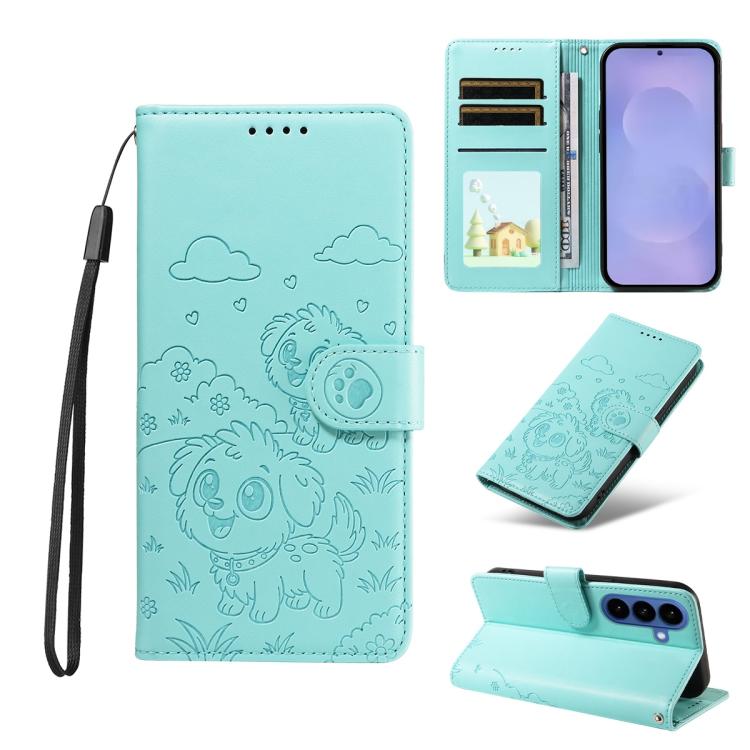 Portafoglio in pelle con protezione RFID e ciondolo a forma di cuore in rilievo con cane., For Galaxy S26 FE 5G, For Galaxy S26+ 5G, For Galaxy S25 FE 5G, For Galaxy S25 Edge 5G