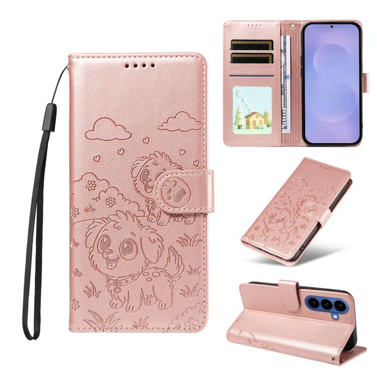 Portafoglio in pelle con protezione RFID e ciondolo a forma di cuore in rilievo con cane., For Galaxy S26 FE 5G, For Galaxy S26+ 5G, For Galaxy S25 FE 5G, For Galaxy S25 Edge 5G
