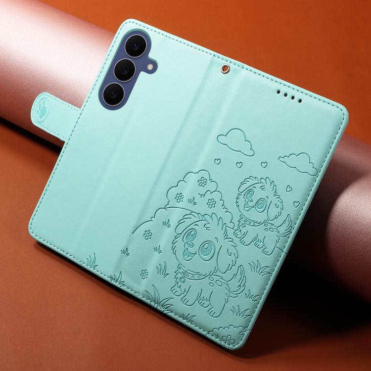 Portafoglio in pelle con protezione RFID e ciondolo a forma di cuore in rilievo con cane., For Galaxy S26 FE 5G, For Galaxy S26+ 5G, For Galaxy S25 FE 5G, For Galaxy S25 Edge 5G