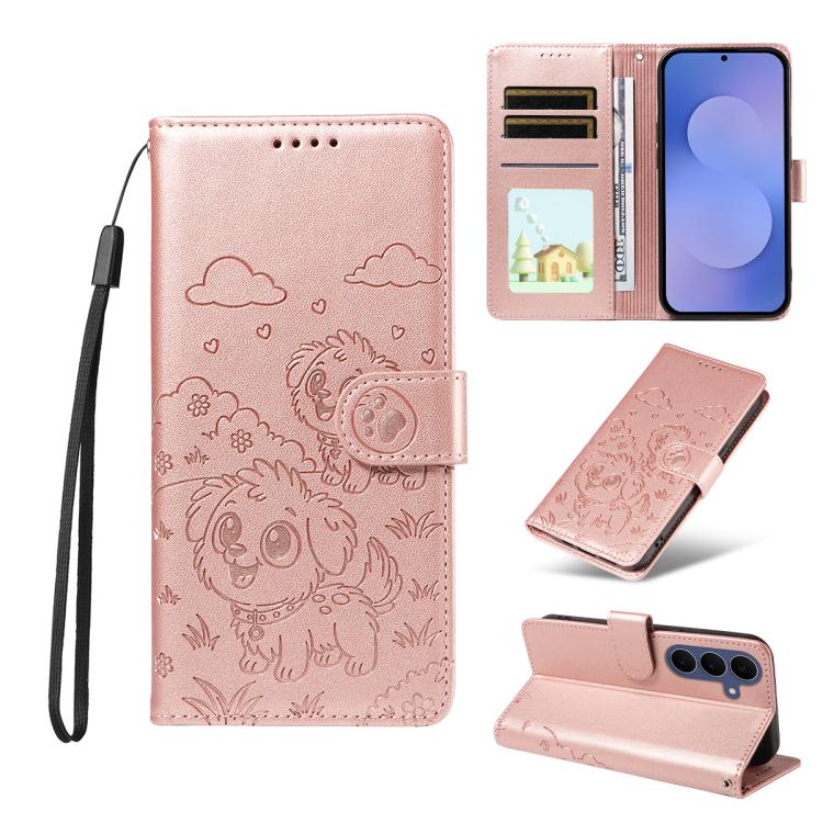 Portafoglio in pelle con protezione RFID e ciondolo a forma di cuore in rilievo con cane., For Galaxy S26 FE 5G, For Galaxy S26+ 5G, For Galaxy S25 FE 5G, For Galaxy S25 Edge 5G