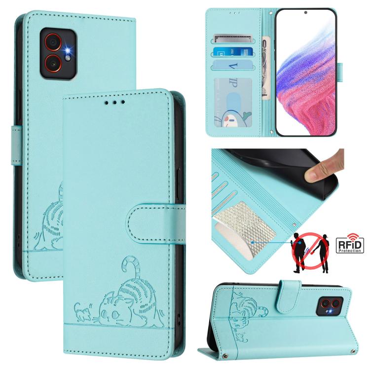 Custodia per telefono in pelle con motivo a rilievo di gatto e topo, con protezione RFID e cordino., For Samsung Galaxy XCover7 Pro