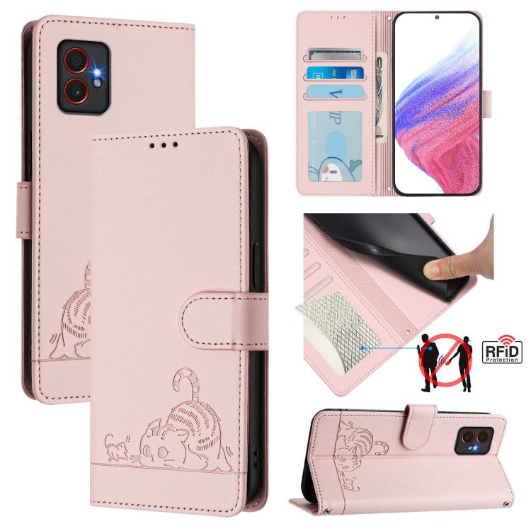 Custodia per telefono in pelle con motivo a rilievo di gatto e topo, con protezione RFID e cordino., For Samsung Galaxy XCover7 Pro