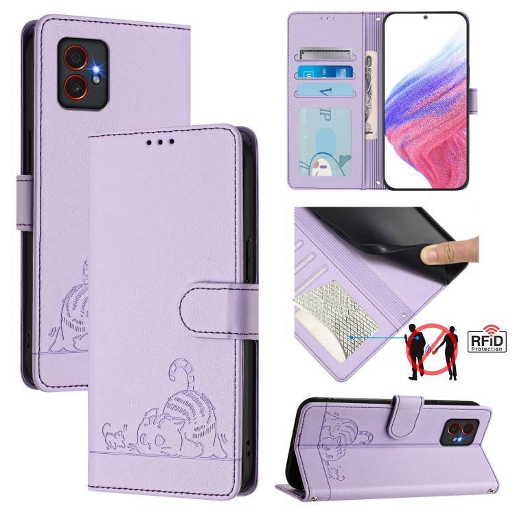 Custodia per telefono in pelle con motivo a rilievo di gatto e topo, con protezione RFID e cordino., For Samsung Galaxy XCover7 Pro