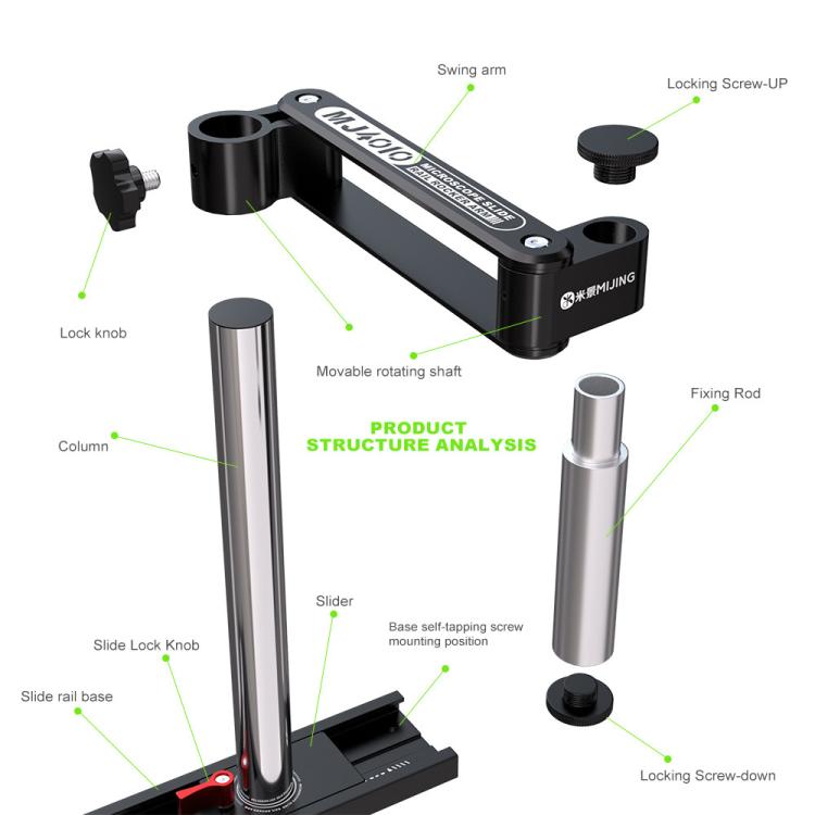 Supporto fisso universale in metallo Mijing MJ4010 da 32 mm con braccio oscillante a 360° e guide di scorrimento., Mijing MJ4010