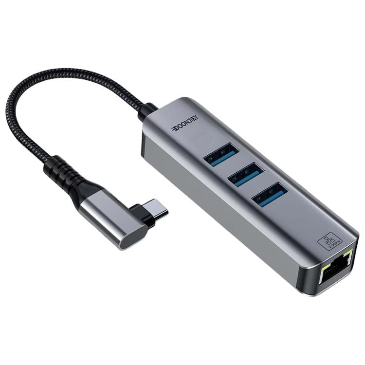 USB -C / Type-C Elbow to RJ45 and 3 x USB-A Aluminum Alloy Shell HUB Adapter Expander, Type-C Elbow to RJ45 and 3 x USB-A