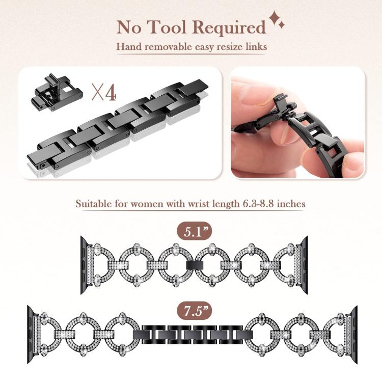 Cinturino per orologio xDfind in metallo con diamanti a forma di O, For Apple Watch 42 / 44 / 45 / 46 / 49mm, For Apple Watch 38 / 40 / 41 / S10 42mm