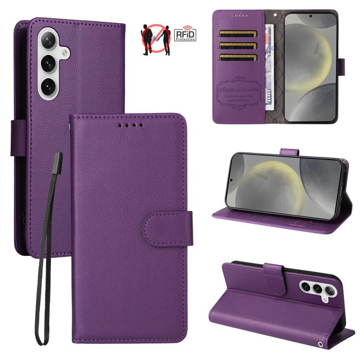 Custodia per telefono in pelle con portafoglio a 3 carte e protezione RFID, con texture litchi., For Galaxy S25 / S24 5G, For Galaxy S25+ / S24+ 5G, For Galaxy S25 Ultra 5G, For Galaxy S24 FE 5G