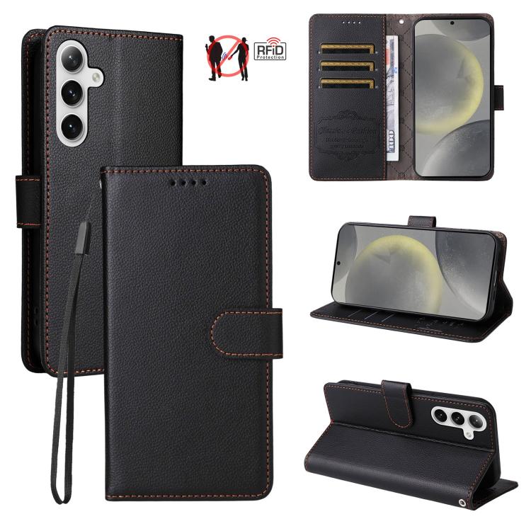 Custodia per telefono in pelle con portafoglio a 3 carte e protezione RFID, con texture litchi., For Galaxy S25 / S24 5G, For Galaxy S25+ / S24+ 5G, For Galaxy S25 Ultra 5G, For Galaxy S24 FE 5G