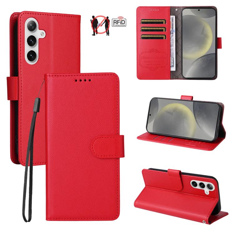 Custodia per telefono in pelle con portafoglio a 3 carte e protezione RFID, con texture litchi., For Galaxy S25 / S24 5G, For Galaxy S25+ / S24+ 5G, For Galaxy S25 Ultra 5G, For Galaxy S24 FE 5G