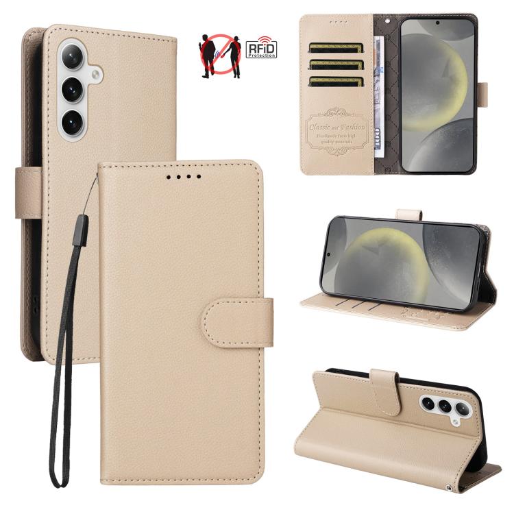 Custodia per telefono in pelle con portafoglio a 3 carte e protezione RFID, con texture litchi., For Galaxy S25 / S24 5G, For Galaxy S25+ / S24+ 5G, For Galaxy S25 Ultra 5G, For Galaxy S24 FE 5G