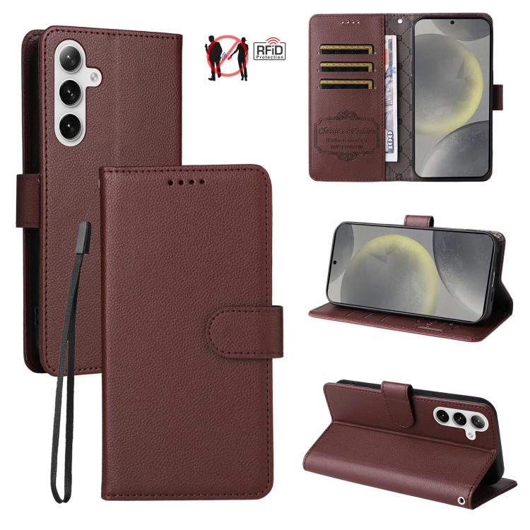 Custodia per telefono in pelle con portafoglio a 3 carte e protezione RFID, con texture litchi., For Galaxy S25 / S24 5G, For Galaxy S25+ / S24+ 5G, For Galaxy S25 Ultra 5G, For Galaxy S24 FE 5G