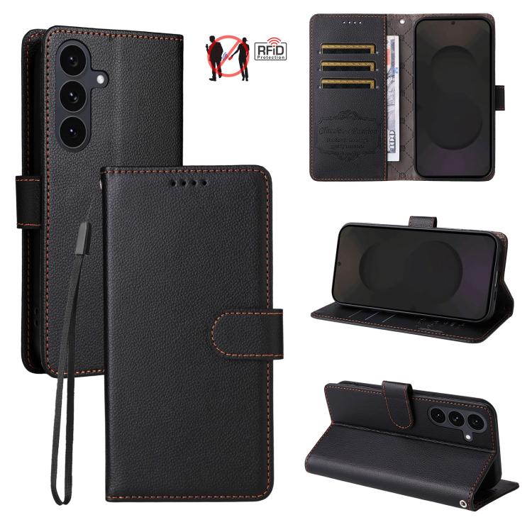 Custodia per telefono in pelle con portafoglio a 3 carte e protezione RFID, con texture litchi., For Galaxy S26 FE 5G, For Galaxy S26+ 5G, For Galaxy S25 FE 5G, For Galaxy S25 Edge 5G