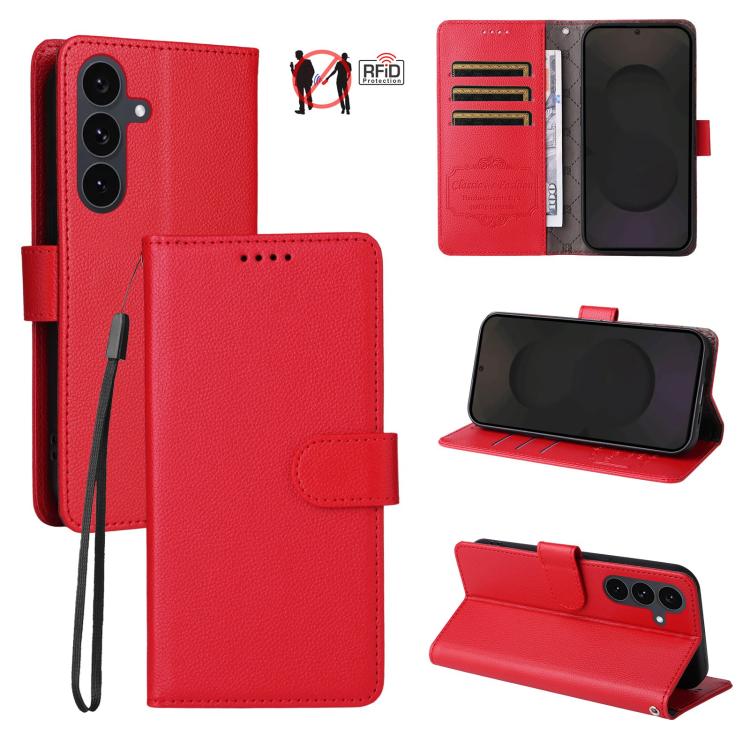 Custodia per telefono in pelle con portafoglio a 3 carte e protezione RFID, con texture litchi., For Galaxy S26 FE 5G, For Galaxy S26+ 5G, For Galaxy S25 FE 5G, For Galaxy S25 Edge 5G